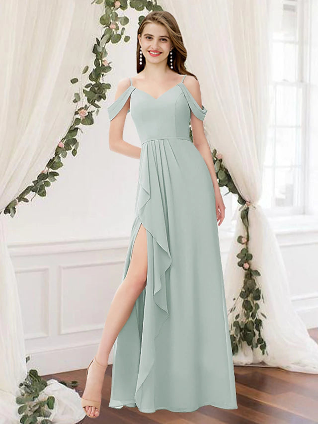 Luolandi A-Line Bridesmaid Dress V Neck Sleeveless Elegant Floor Length Chiffon with Pleats / Split